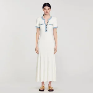 Vestidos<Sandro Paris Vestido Midi De Punto Y Denim